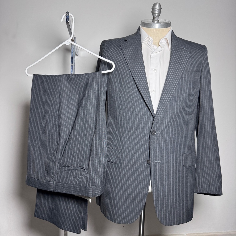 John Weitz Suit Mens 44L W37 Gray Pinstripe Vintage Two Button Wool Blend USA